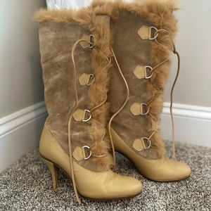 Vintage DKNY fur lace up boots, size 7.5